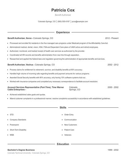 Benefit Authorizer Resume