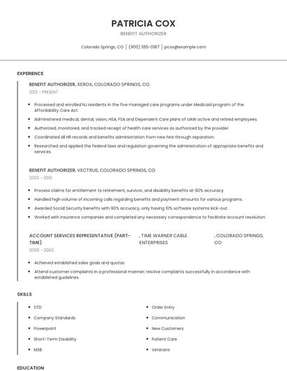 Benefit Authorizer Resume