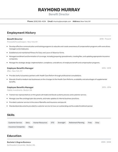Benefit Director Resume