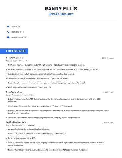 Benefit Specialist Resume