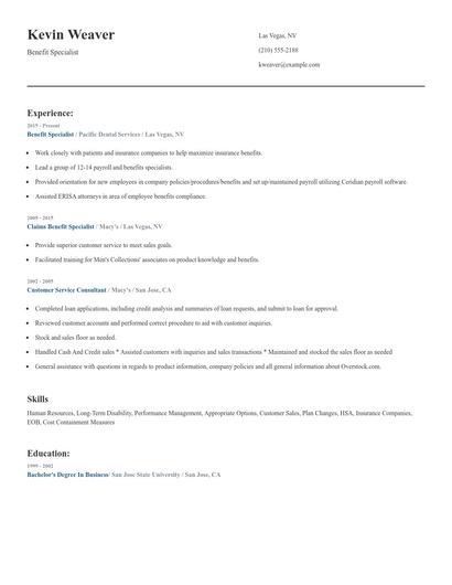 Benefit Specialist Resume