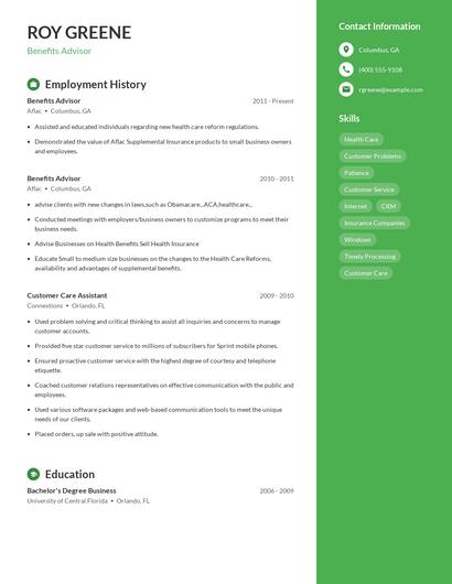 Benefits Advisor Resume