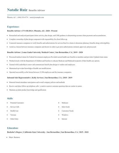 Benefits Advisor Resume