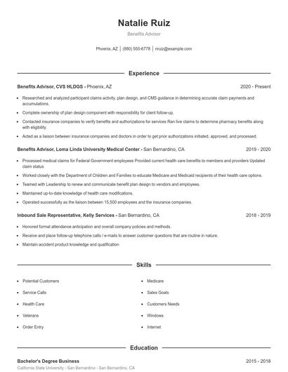 Benefits Advisor Resume