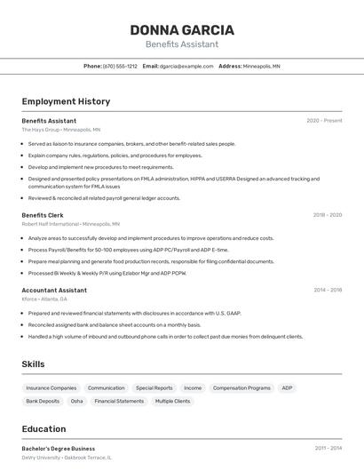 Benefits Assistant Resume