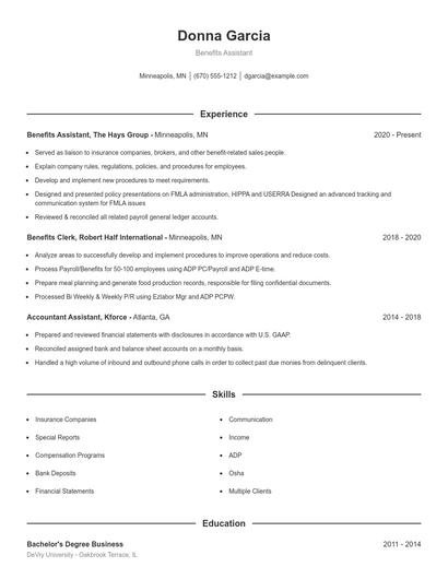 Benefits Assistant Resume