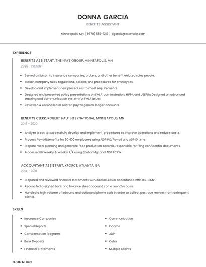 Benefits Assistant Resume