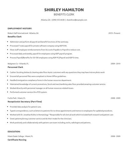 Benefits Clerk Resume