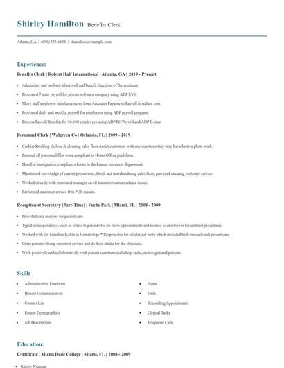 Benefits Clerk Resume
