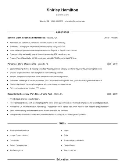 Benefits Clerk Resume