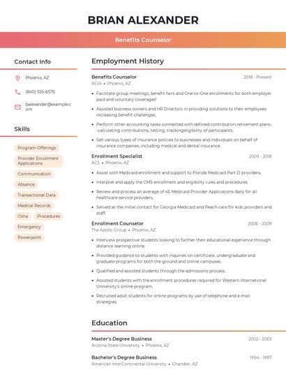 Benefits Counselor Resume