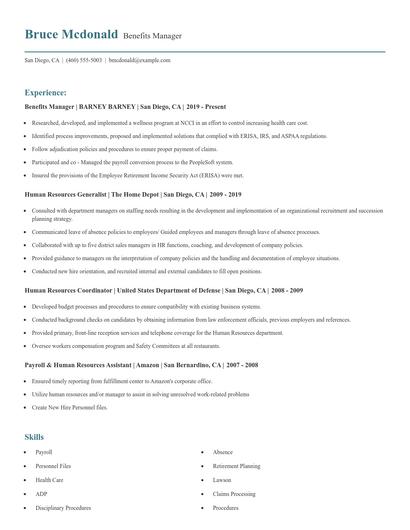 Benefits Manager Resume