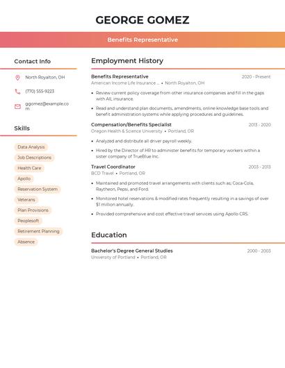 Benefits Representative Resume