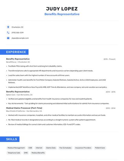 Benefits Representative Resume