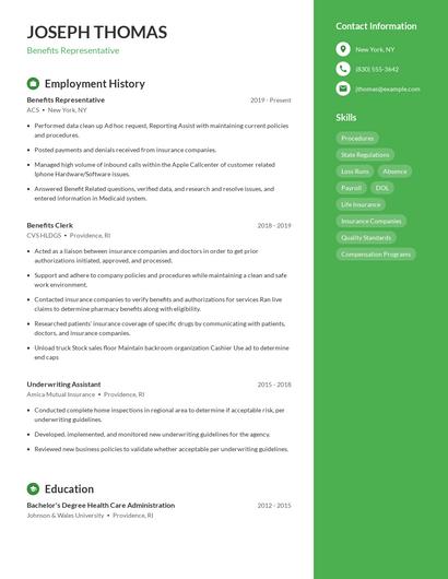 Benefits Representative Resume