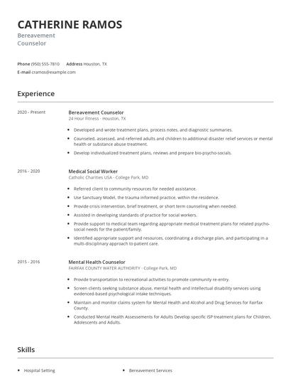 Bereavement Counselor Resume