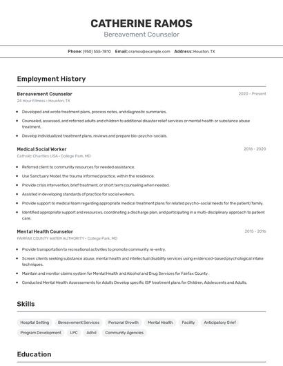Bereavement Counselor Resume