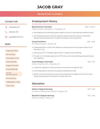 Bereavement Counselor Resume