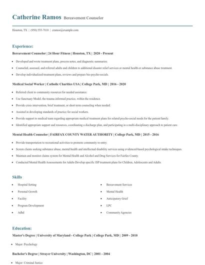 Bereavement Counselor Resume