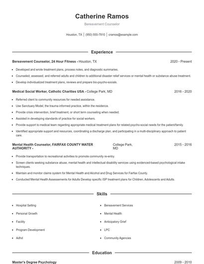 Bereavement Counselor Resume