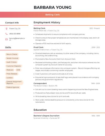 Betting Clerk Resume