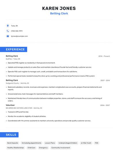 Betting Clerk Resume