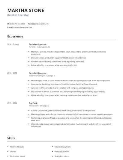 Beveller Operator Resume