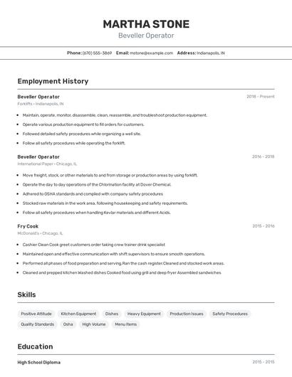Beveller Operator Resume