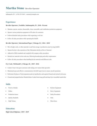 Beveller Operator Resume