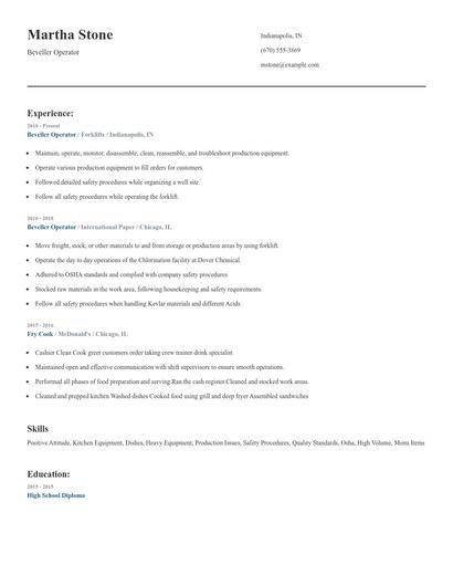 Beveller Operator Resume