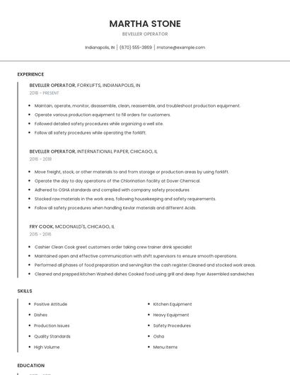 Beveller Operator Resume