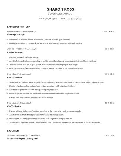 Beverage Manager Resume