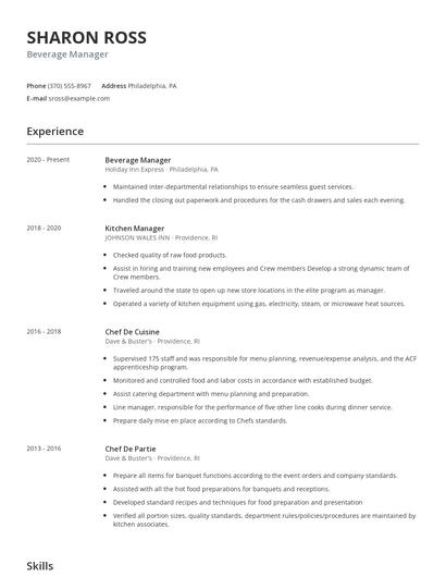 Beverage Manager Resume