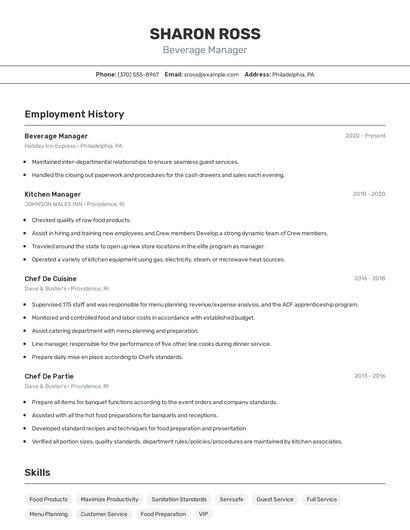 Beverage Manager Resume