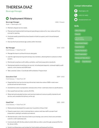 Beverage Manager Resume