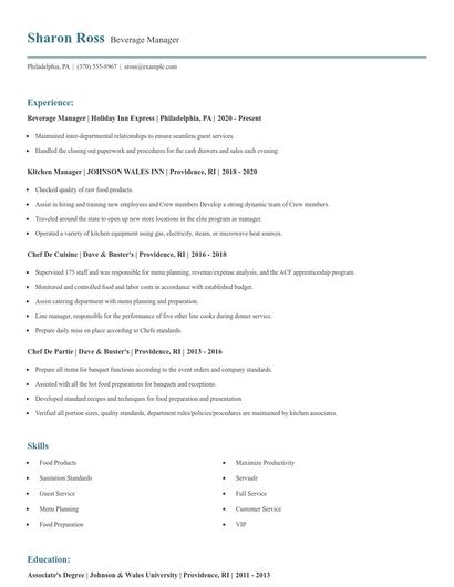 Beverage Manager Resume