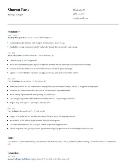 Beverage Manager Resume