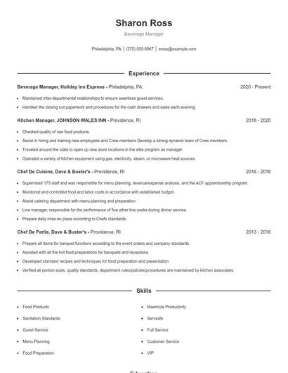 Beverage Manager Resume