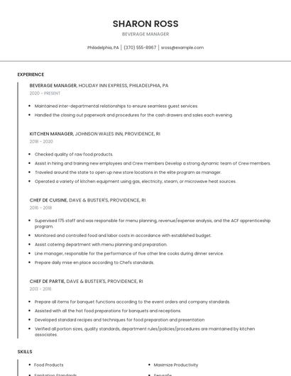 Beverage Manager Resume
