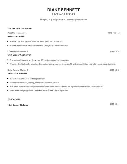 Beverage Server Resume