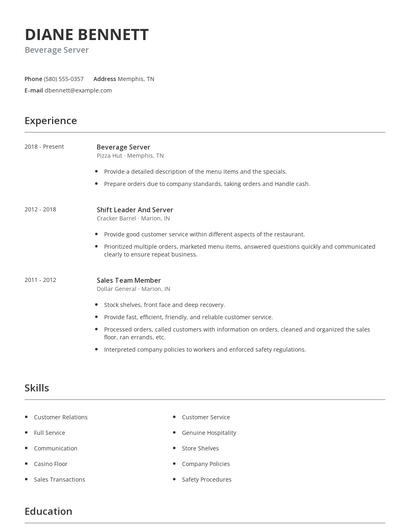 Beverage Server Resume
