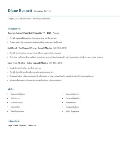 Beverage Server Resume