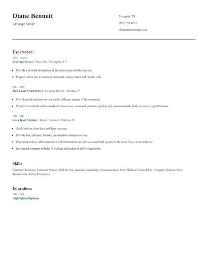 Beverage Server Resume