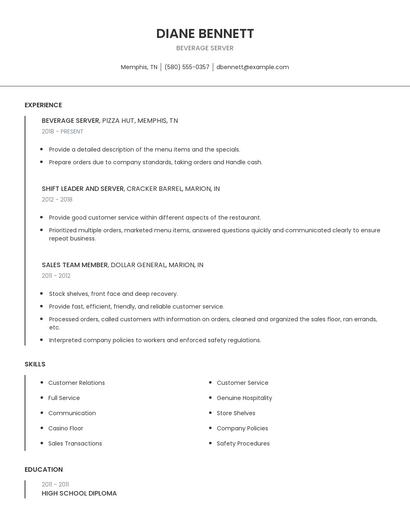 Beverage Server Resume