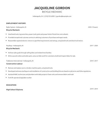 Bicycle Mechanic Resume