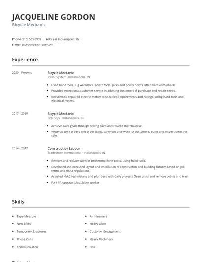 Bicycle Mechanic Resume