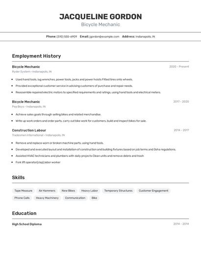 Bicycle Mechanic Resume