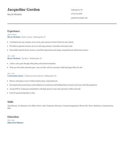Bicycle Mechanic Resume