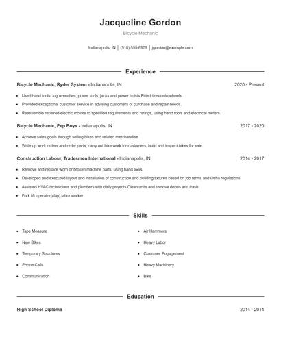 Bicycle Mechanic Resume