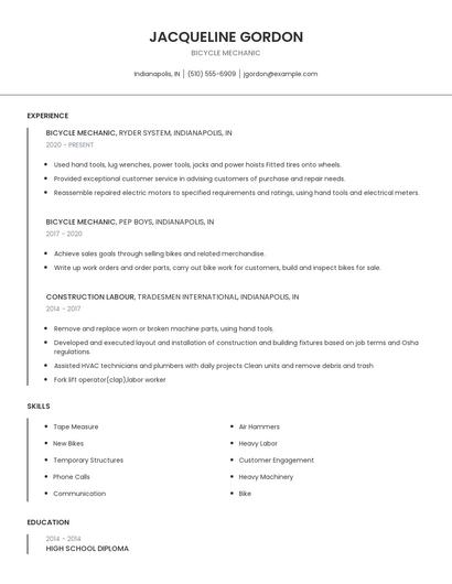 Bicycle Mechanic Resume